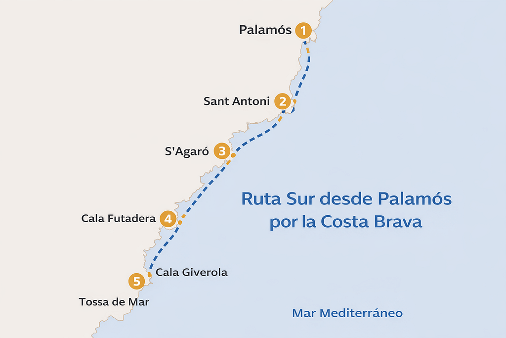 Mapa ruta sur en barco desde Palamós por la Costa Brava con paradas en Sant Antoni, S'Agaró, Cala Futadera, Cala Giverola y Tossa de Mar